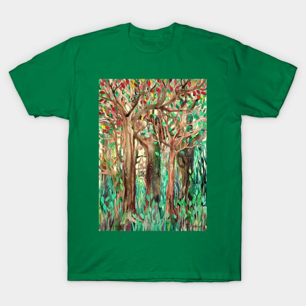 Walking through the Forest - watercolor painting collage T-Shirt by micklyn